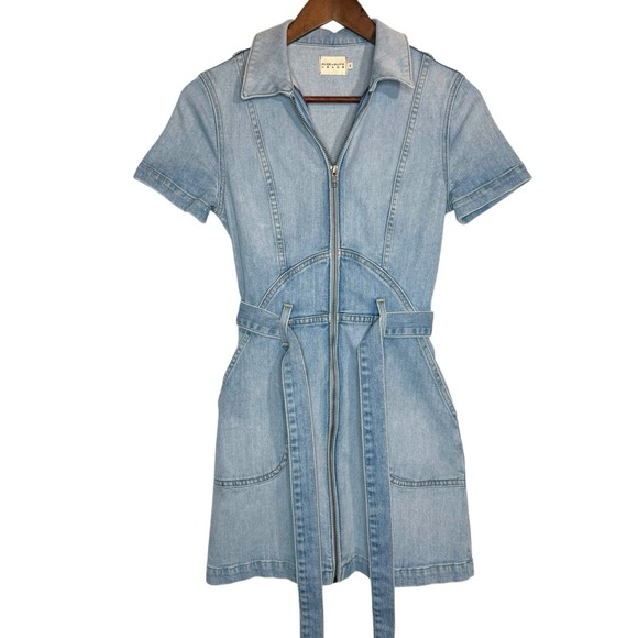 Alice + Olivia Jeans Blue Denim Mini Dress Size 2 Zipper Front Pockets Belted - Picture 10 of 14